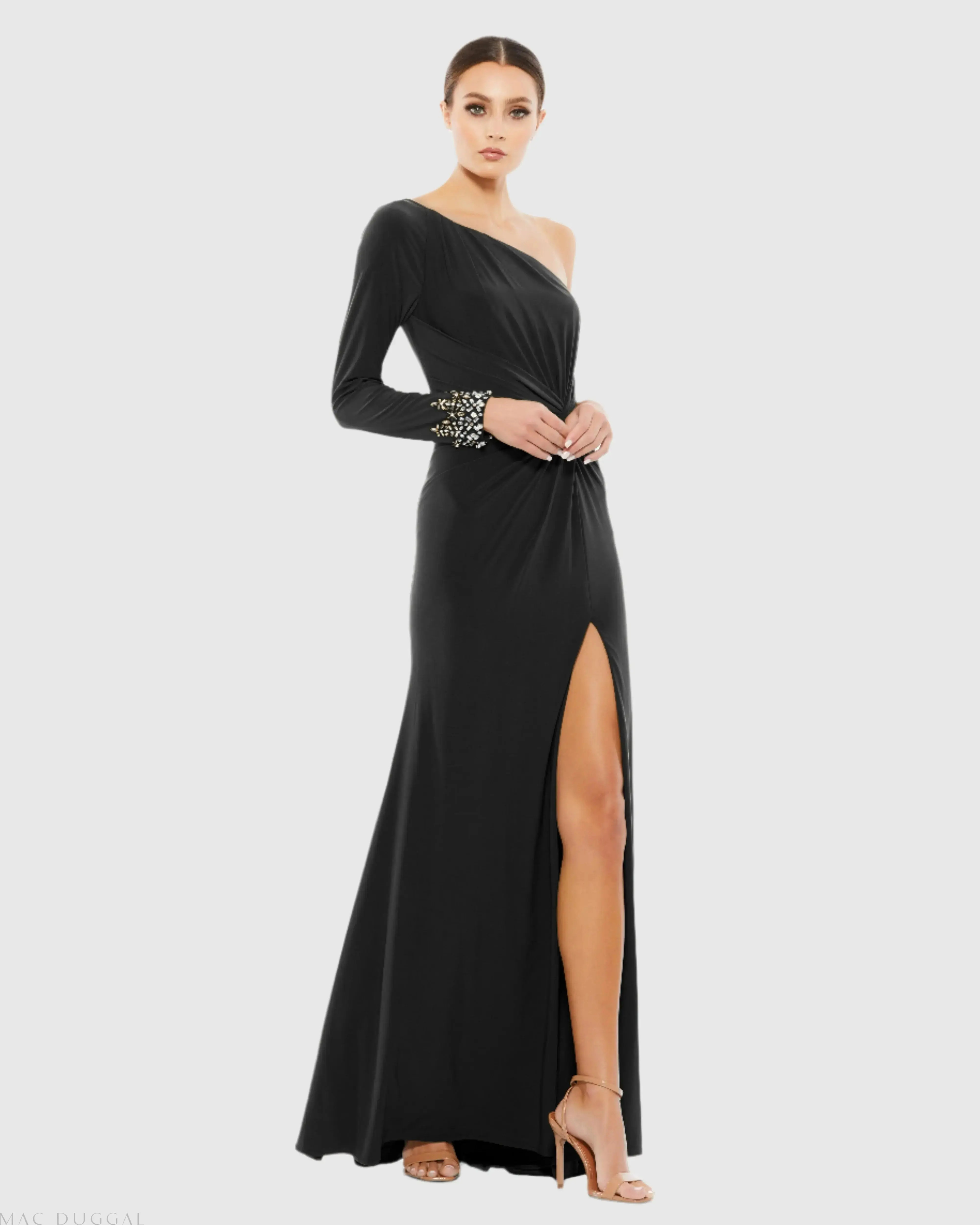 One Sleeve Beaded Cuff Side Twist Gown | Mac Duggal