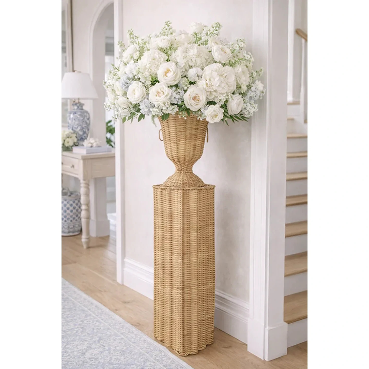 Square Scalloped Wicker Urn and Pedestal | Gorgeous Living