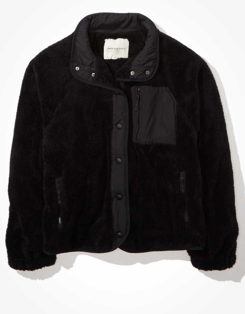 AE Fuzzy Sherpa Snap Front Jacket | American Eagle Outfitters (US & CA)