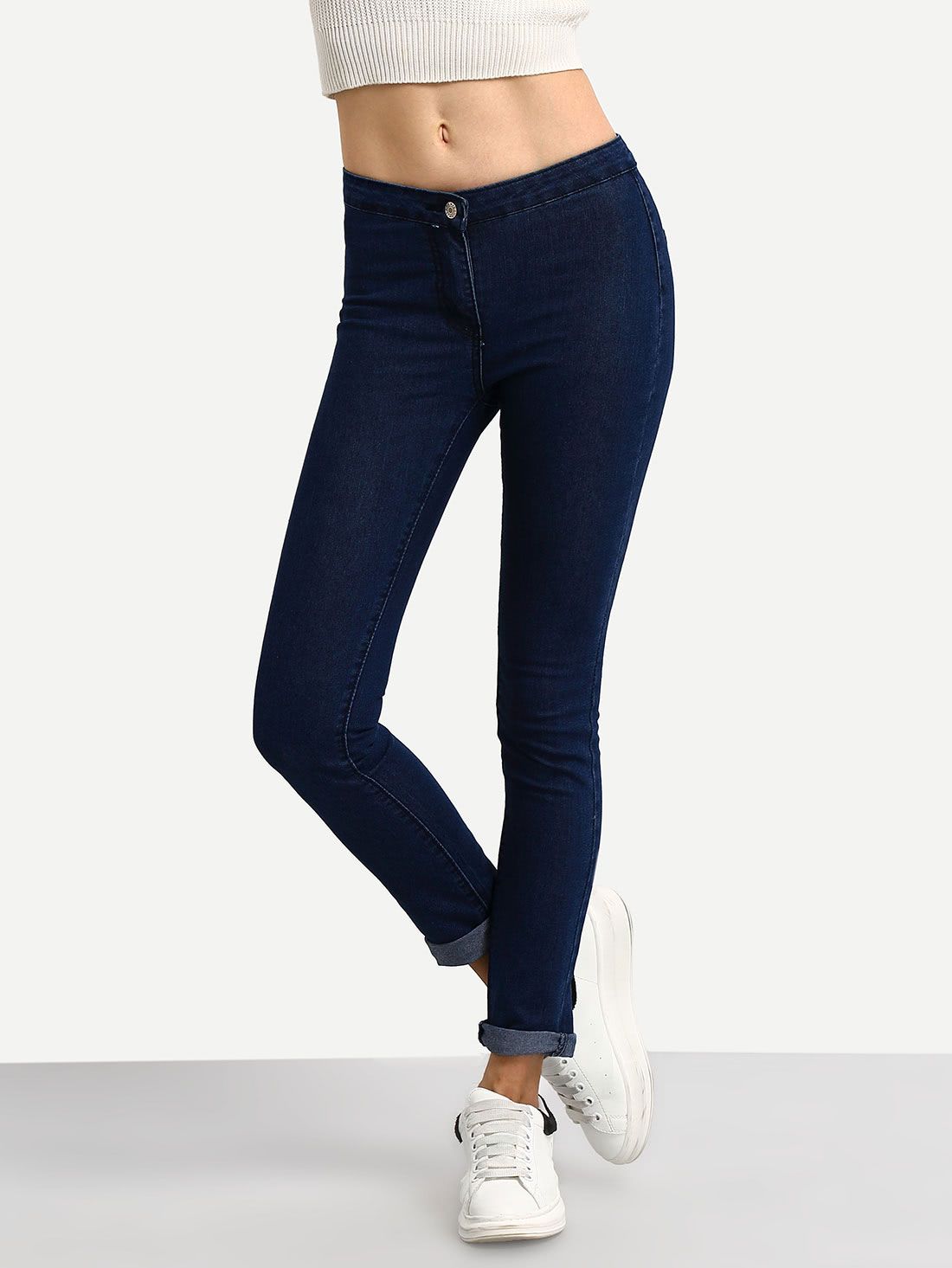 Dark Bule Rolled Hem Skinny Jeans | SHEIN