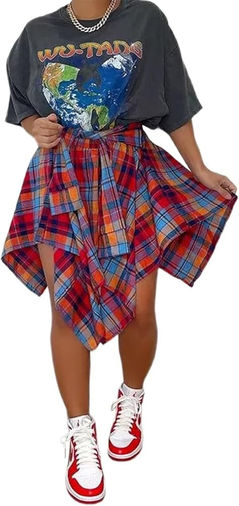 RAMOUG Summer Knot Skirts for Women Plaid Asymmetrical Hem High Waist Y2K Mini Short Skirt | Amazon (US)