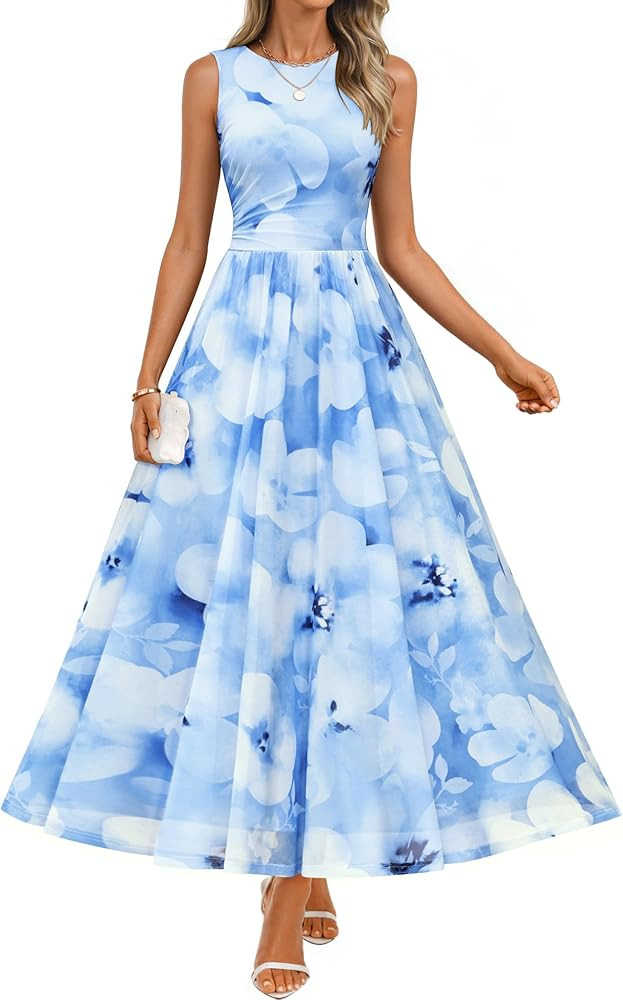 ZESICA Women's Summer Sleeveless Floral Maxi Dress 2026 Casual Crewneck Mesh A Line Flowy Boho Be... | Amazon (US)