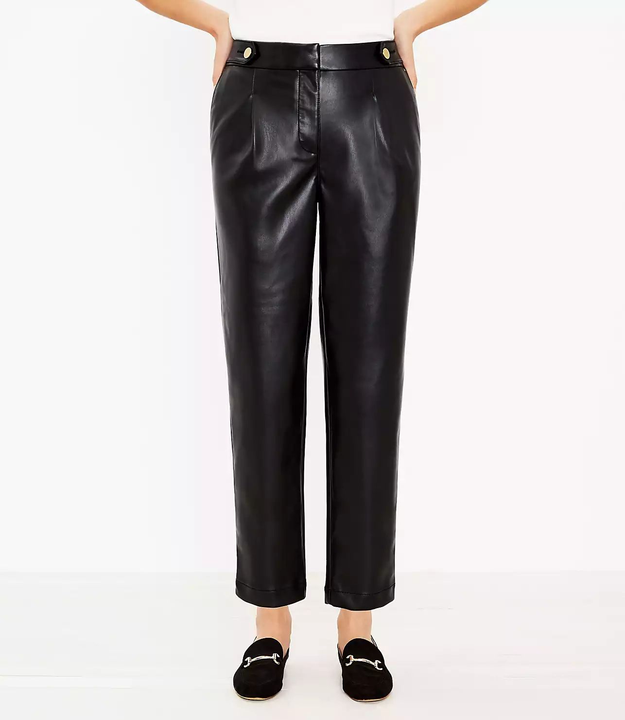 Curvy Button Tab Slim Pants in Faux Leather | LOFT