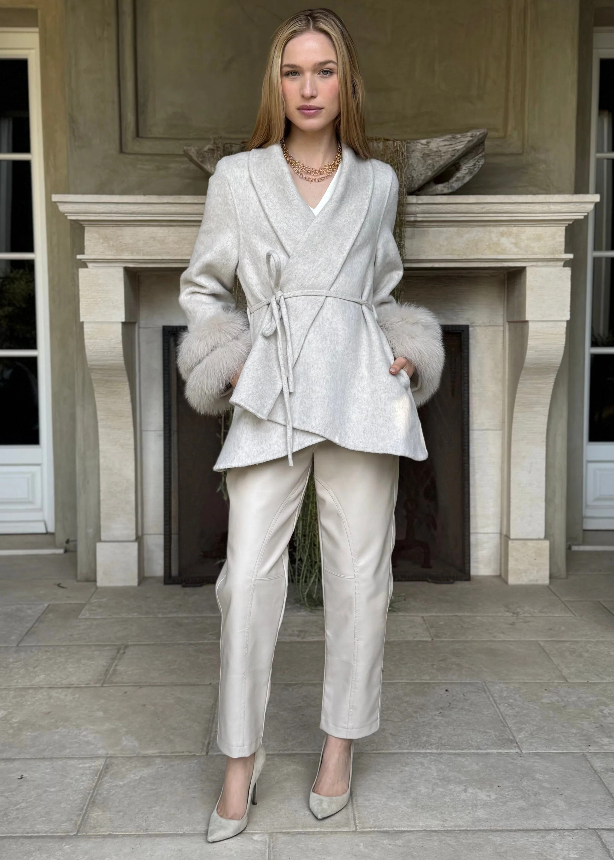 Elsie Light Taupe Wool Cardigan Coat with Detachable Fur Cuffs | Benaar La