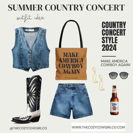 Summer country concert outfit inspo 🤠

Make America cowboy again tote bag is from thecozycowgirlco.com 🤎

Vest & shorts are Zara 

#LTKSeasonal #LTKFestival #LTKstyletip