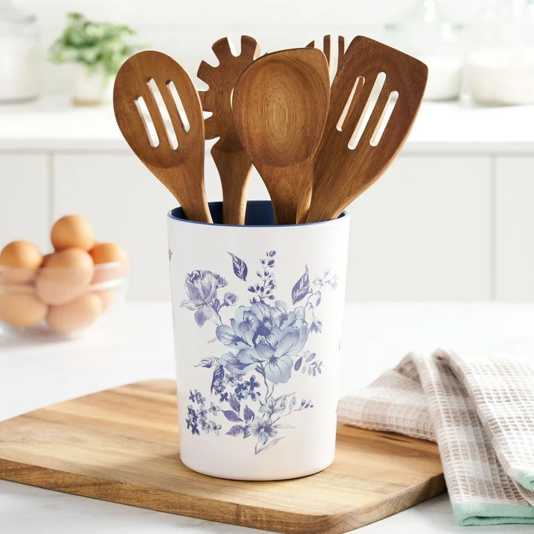 The Pioneer Woman Delilah 6-Piece Acacia Wood & Bamboo Melamine Crock Set, Blue | Walmart (US)