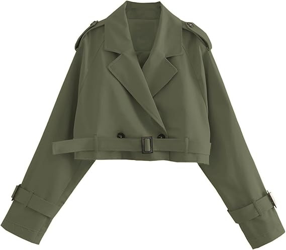 Xiaoxuemeng Womens Cropped Bike Jacket Casual Double Breasted Trench Coat with Belt | Amazon (US)