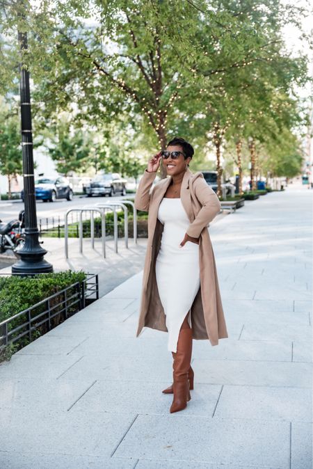 Ribbed sweater midi dress camel longline coat brown knee high boots #falloutfit #fallstyle #winteroutfit #camelcoat #winterstyle

#LTKSeasonal