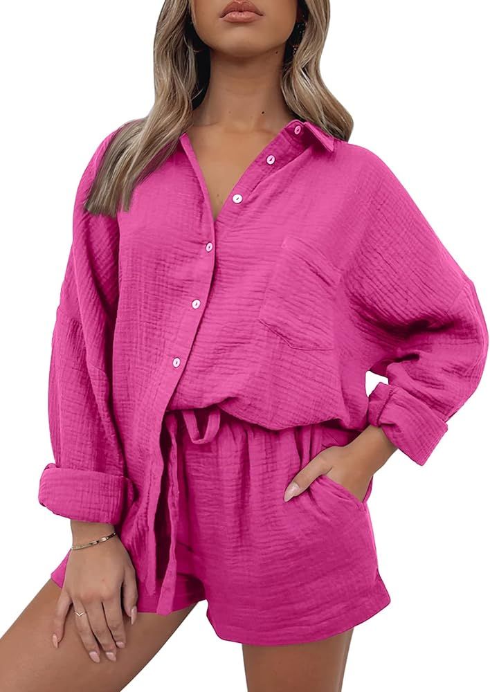 AUTOMET 2 Piece Outfits For Women Lounge Sets Pajama Sets Long Sleeve Button Down Oversized Shirt... | Amazon (US)