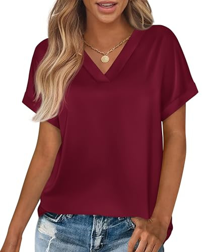 MASCOMODA Womens V Neck Silk Satin Tops Dressy Short Sleeve Work Blouses Spring Summer Loose T Sh... | Amazon (US)