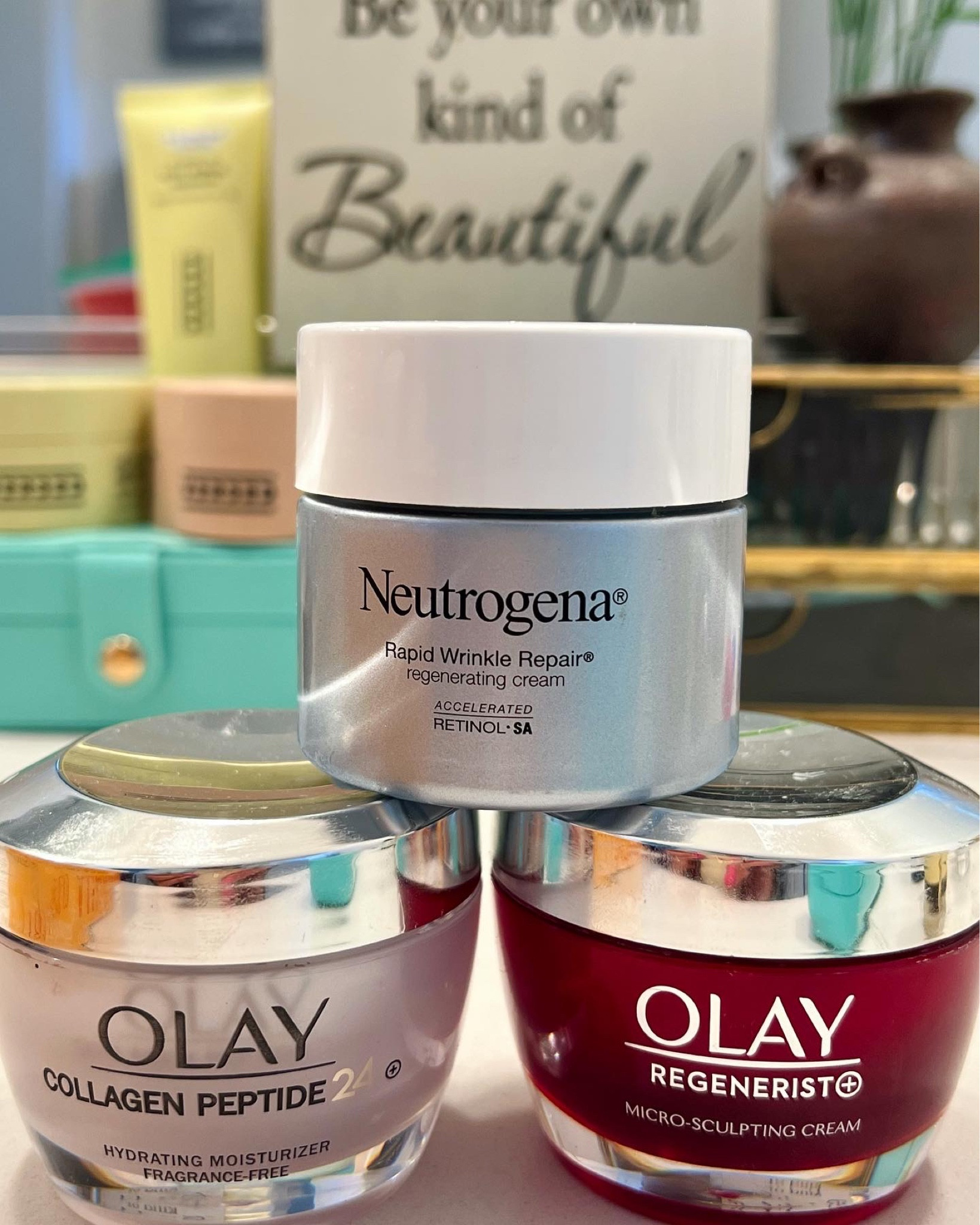 Skincare is one of the most important things to focus on while trying to combat signs of aging. There are things that I choose to embrace, like my grays and my laugh lines. But there are other things, like sagging jowls and crepey skin, that I’ll fight off until I’m about 90 ish or so. 😅

One of the most important beauty tips that I’d like to stress… do not forget about your neck, back of hands AND cleavage. Do apply retinol based creams to those areas at night. No matter how young your face looks, those three neglected areas can be the tell-tale signs of an older person. 

I use products from Olay and Neutrogenia. 

#LTKbeauty #LTKstyletip #LTKGiftGuide