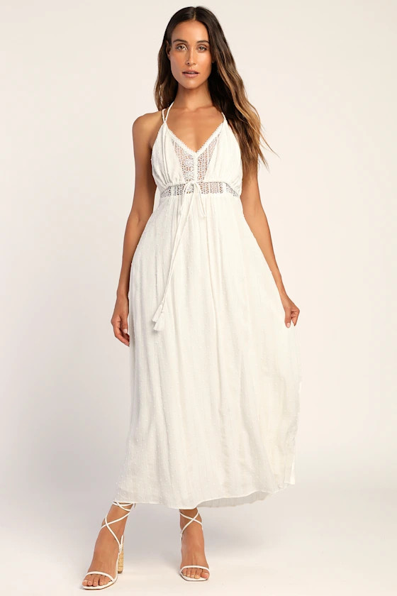 Santorini Scene White Metallic Gold Swiss Dot Lace Maxi Dress | Lulus (US)