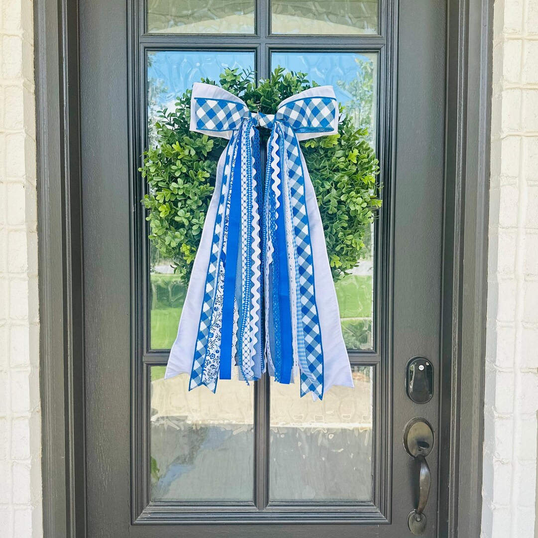 Blue White Summer Bow Wreath Porch Decor Front Door Accent Year Round Decor Coastal Home Gift Ide... | Etsy (Global)
