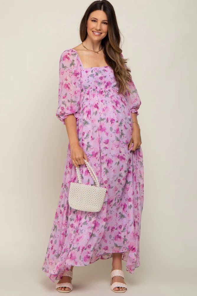 Lavender Floral Chiffon Puff Sleeve Maternity Maxi Dress | PinkBlush Maternity