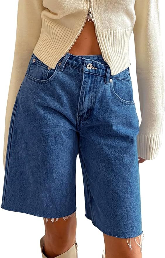 PLNOTME Women's Crossover Denim Shorts Summer Asymmetrical High Waisted Straight Leg Jean Shorts | Amazon (US)
