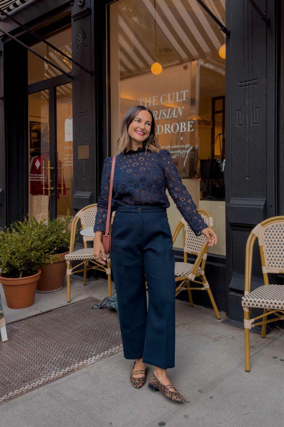 Fall outfit inspo - all navy 

Lace blouse and leopard ballet flats run TTS 

If you’re between sizes in pants take the larger size 

French fashion
Sezane
Navy outfit



#LTKSeasonal #LTKStyleTip