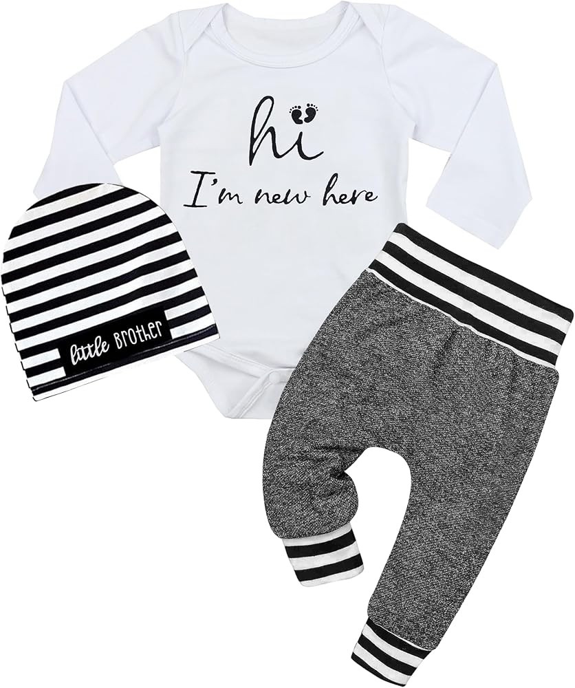 Fommy Newborn Baby Boy Clothes Hi Im New Here Letter Print Romper+Pants+Striped Hat 3pcs Outfits ... | Amazon (US)