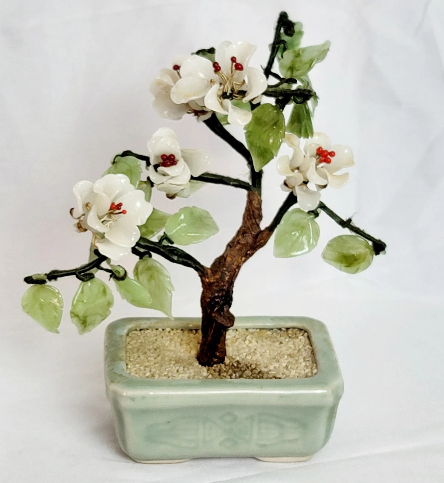 Vintage Chinese Jade Peking Glass Bonsai Tree White Flower Blossoms | eBay US