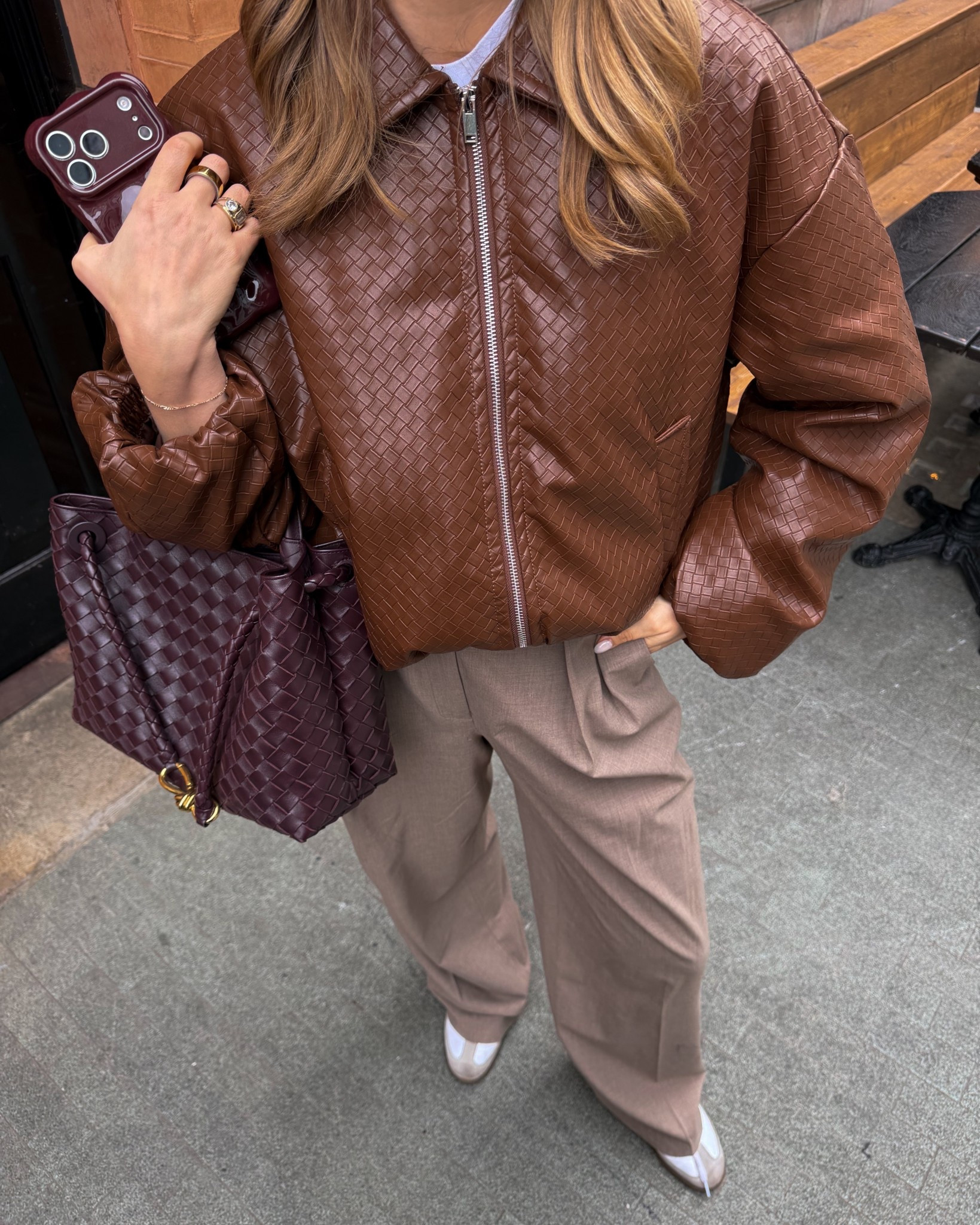 Outfit of the day 
River island woven faux  leather jacket 