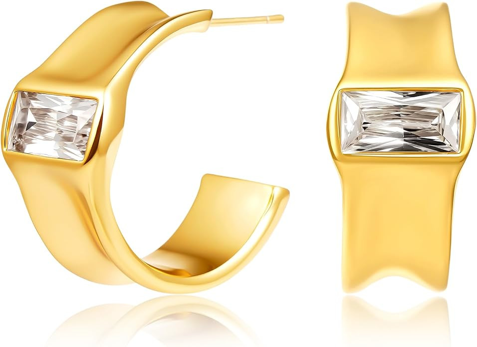 Chunky Gold Hoop Earrings for Women, 18K Gold Plated Earrings with S925 Sterling Silver Post, Thi... | Amazon (US)