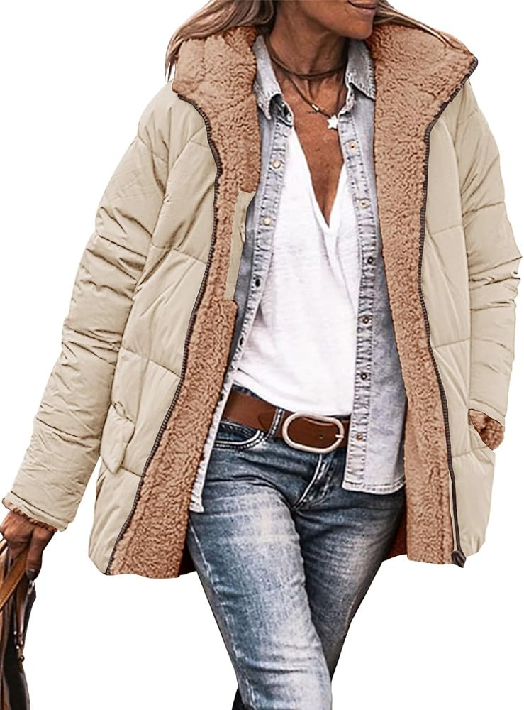 Tankaneo Womens Reversible Puffer Jackets Sherpa Lined Fleece Winter Coats Casual Zip Up Hooded W... | Amazon (US)