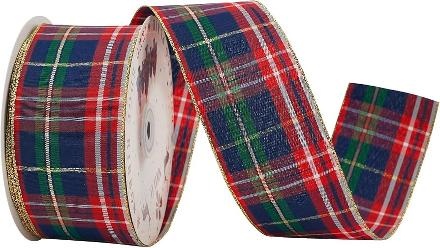 Tartan Plaid Wired Ribbon 2-1/2" Wide with 25 Yards Red Crimson & Navy Blue Scottish Plaid with M... | Amazon (US)