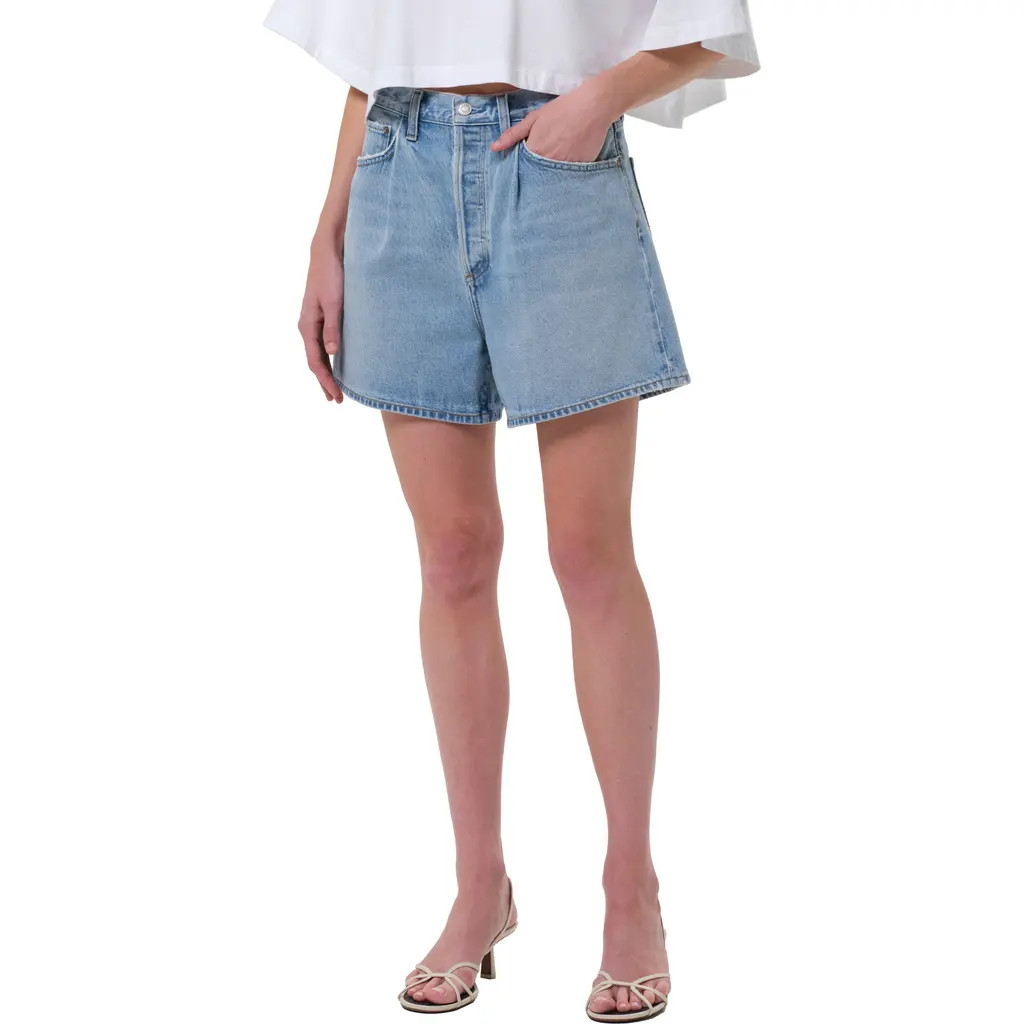 AGOLDE Rhoda Pleated High Waist A-Line Denim Shorts in Raft at Nordstrom, Size 24 | Nordstrom
