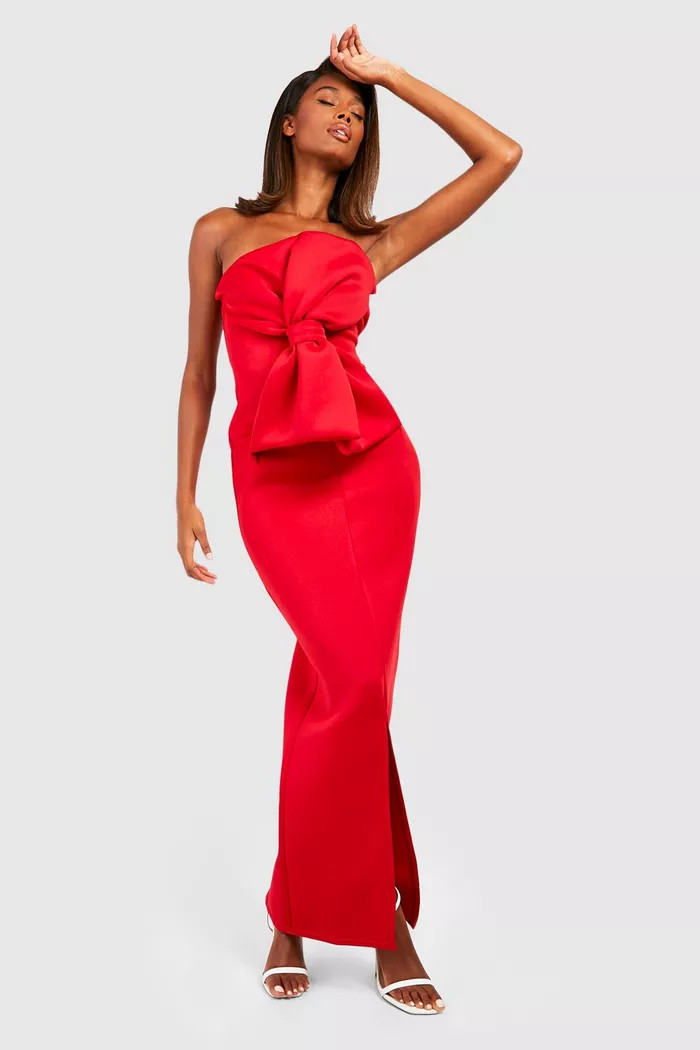 Scuba Bow Bandeau Maxi Dress | boohoo (US & Canada)