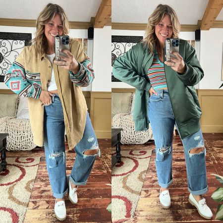 Corduroy shacket, varsity jacket, plus size jacket, Ulla Popken, straight leg distressed jeans, loafers, fall outfit- 2xl in shacket, 16 in jeans, green jacket 16/18 (code 25nicole2022 for 25% off)

#LTKcurves #LTKstyletip #LTKunder50