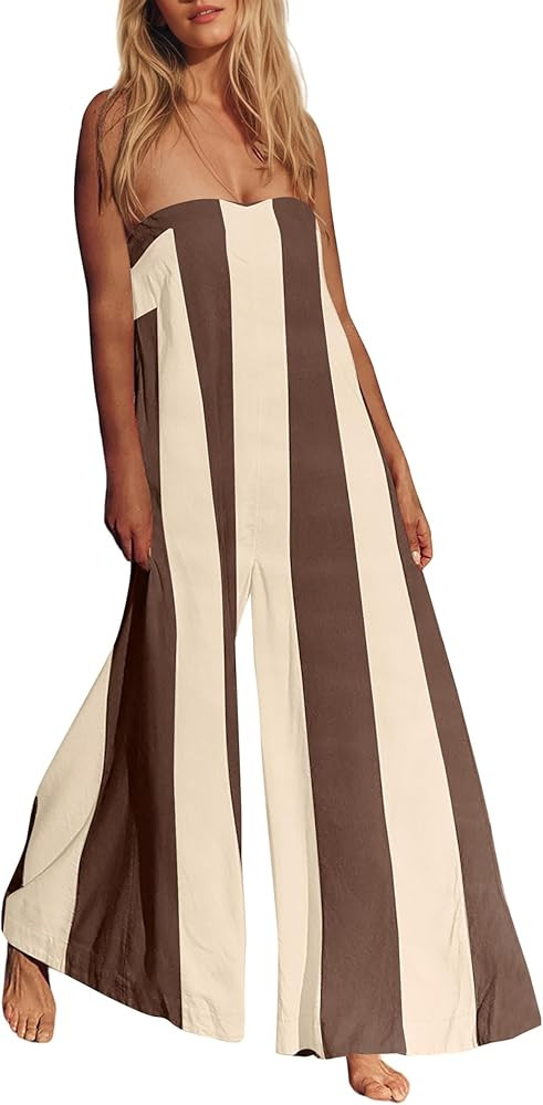 Ythomm Womens Striped Wide Leg Jumpsuits Boho Strapless Long Romper Off Shoulder Summer Jumpsuits... | Amazon (US)