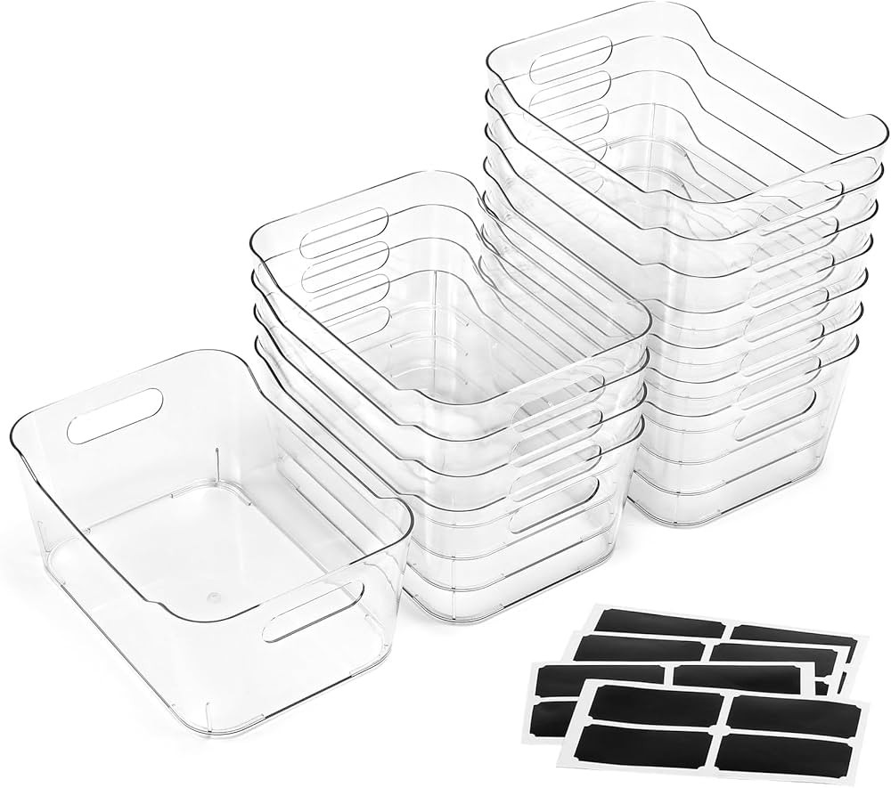 12 PACK Multi-Use Clear Plastic Storage Bins for Organizing w/ Labels - Home, Kitchen, Bathroom, ... | Amazon (US)