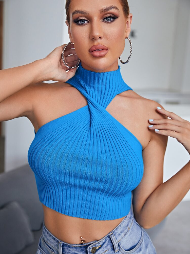 SHEIN Mock Neck Twist Detail Rib Knit Top | SHEIN