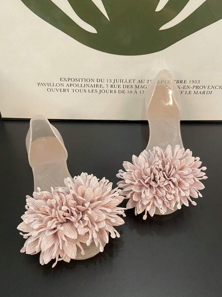 Women's Summer Flat Sandals, Flower Decor Beach Travel Holiday Jelly Shoes, Crystal Plastic Beach Slip-On Open Toe Shoes | SHEIN