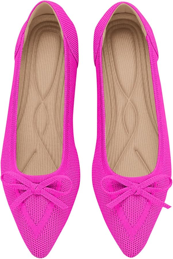 Women's Flats Pointed Toe Bow Knit Ballet Shoes Comfortable Dressy Mesh Slip On Flat | Amazon (US)