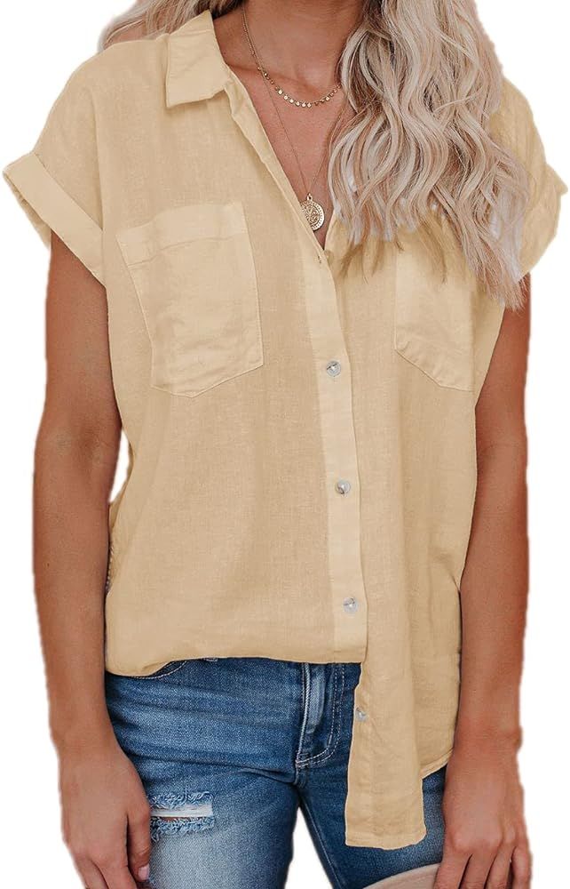 Paintcolors Women's Button Down Shirts Cotton Short Sleeve Blouses V Neck Casual Tunics Solid Col... | Amazon (US)