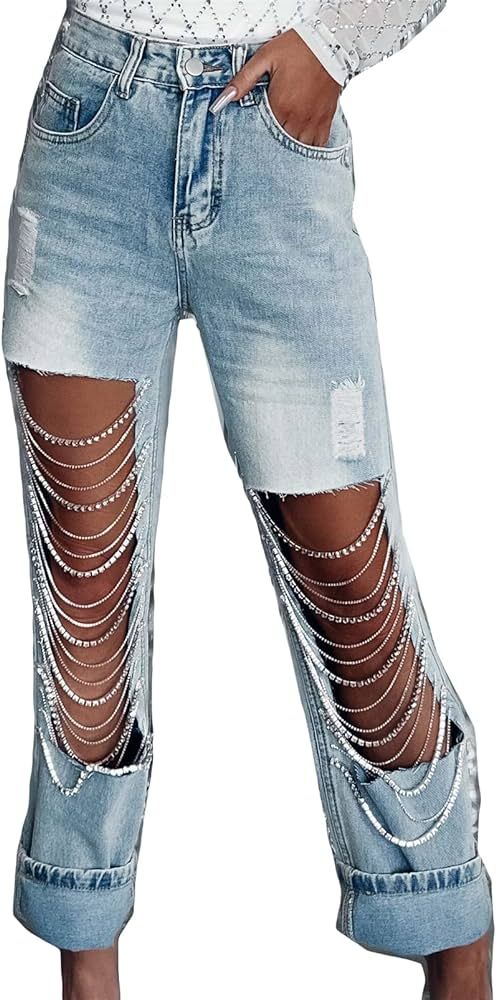 Hotheart Womens Sexy Ripped Distressed Destroyed Rhinestones Chain Party Clubwear Denim Pants Jea... | Amazon (US)