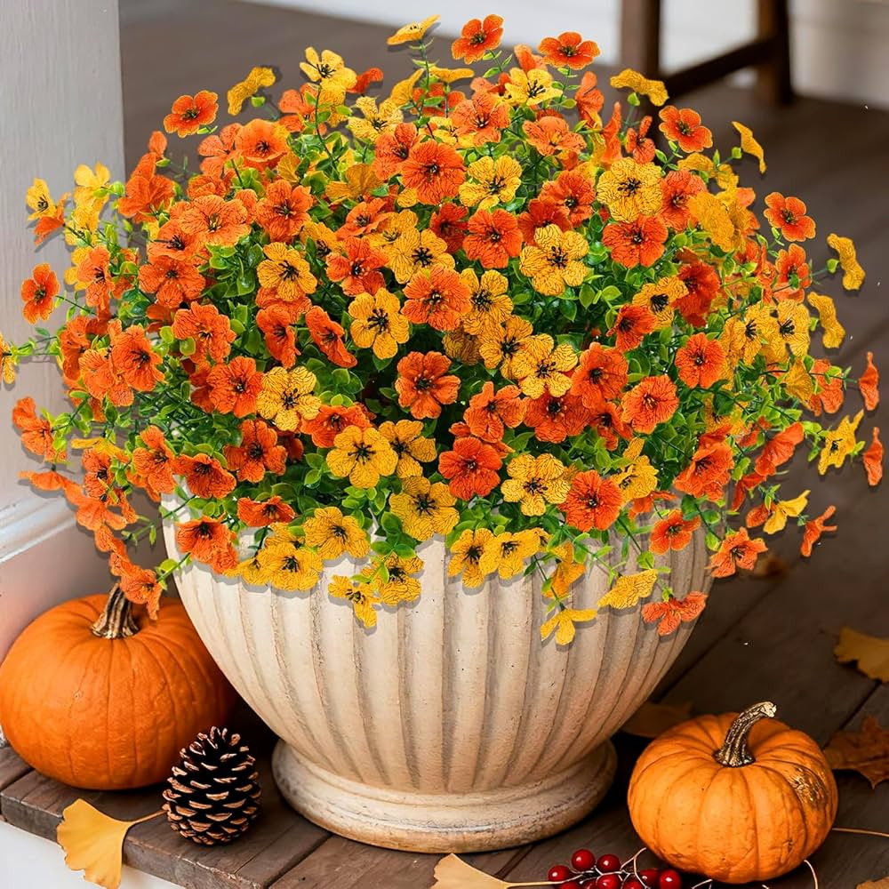 16 Bundles Artificial Mums Fall Flowers for Outdoors, Faux Fake Mums for Outdoor Planters Autumn ... | Amazon (US)