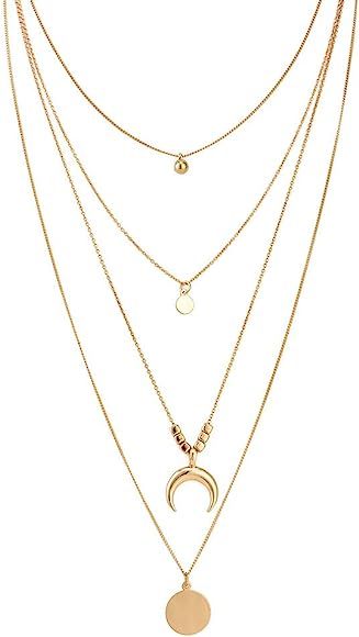 Gold Layered Necklace Pendant Shell Moon Star Coin Round Simple Dangle Bar Necklace Chain for Wom... | Amazon (US)