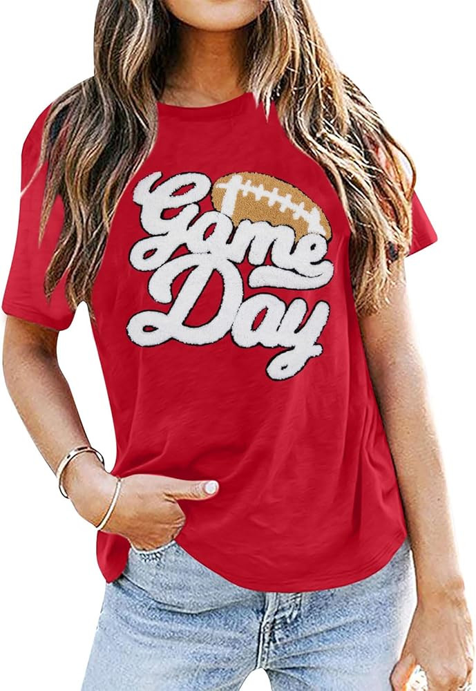 Game Day Shirt Women Football Glitter Patch Graphic Shirts Sunday Funday Tee Vintage Football Sea... | Amazon (US)
