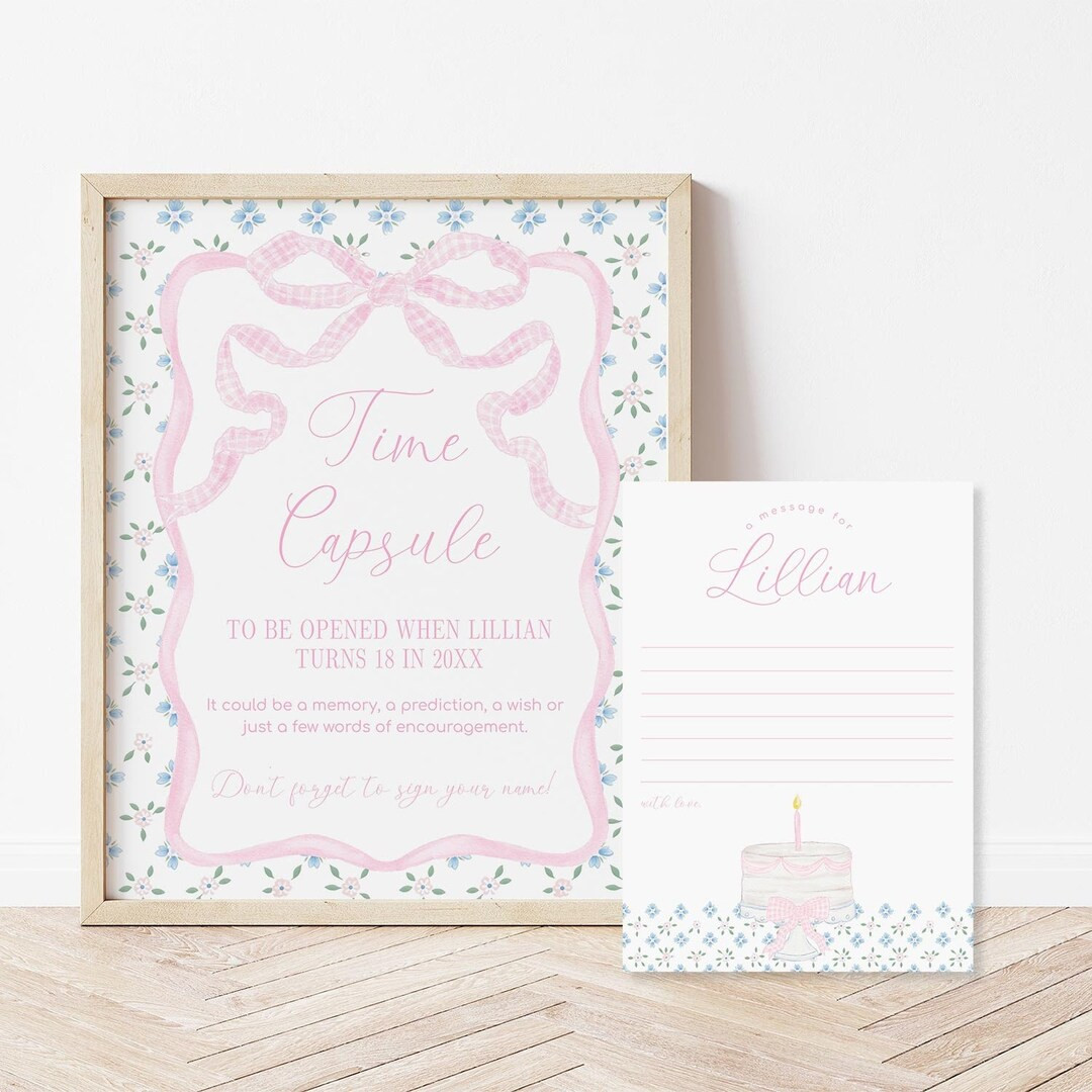Pink Bow Birthday Time Capsule Sign and Card, Editable Gingham Cake and Floral First Time Capsule... | Etsy (US)