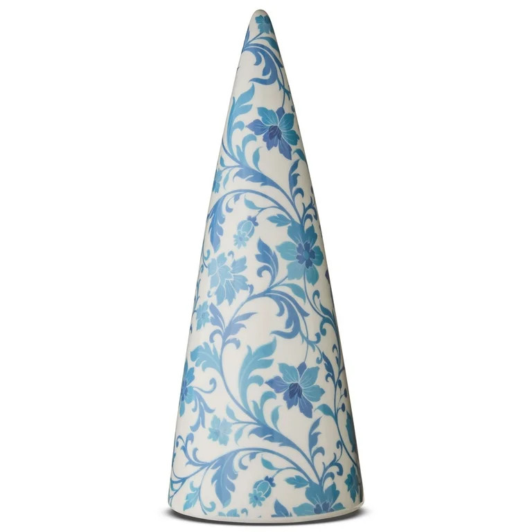 Ceramic Floral Cone Christmas Tree Tabletop Decoration, Blue and White, 12", by Holiday Time | Walmart (US)
