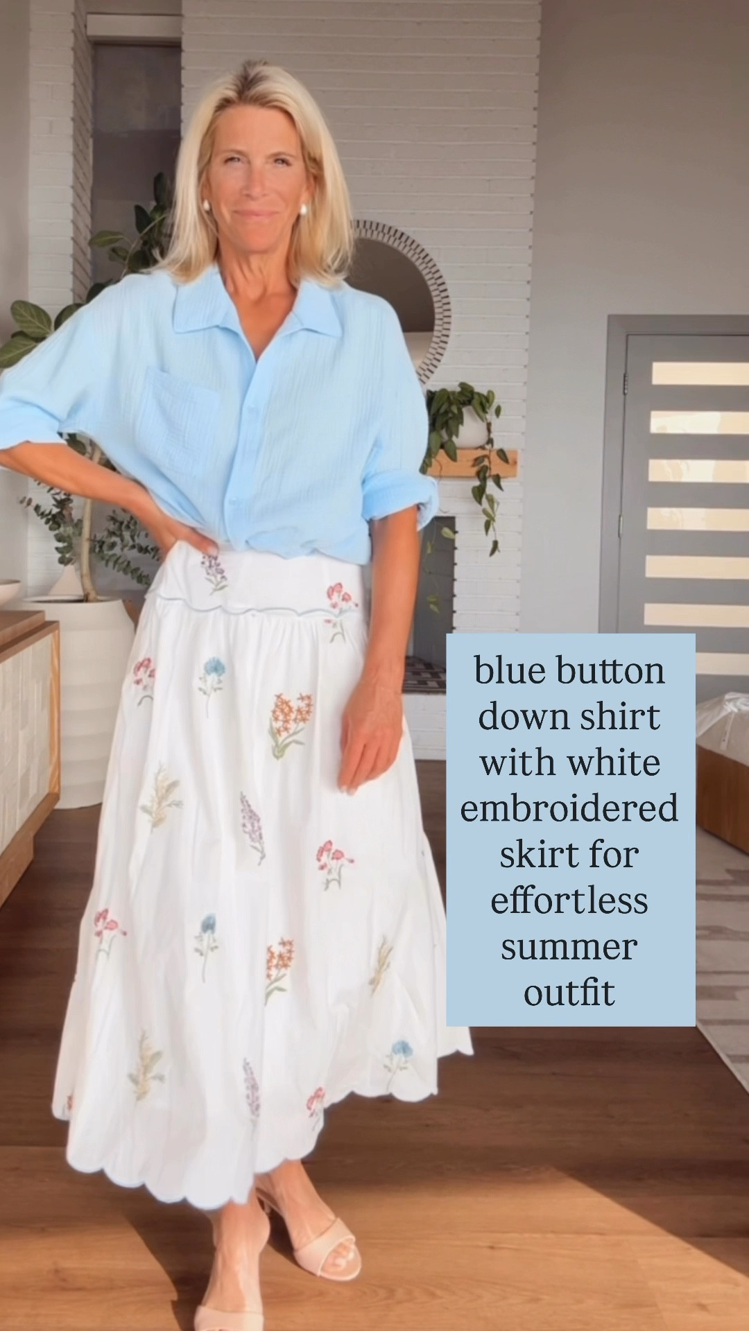 Classic summer outfit with blue button down and white floral embroidered skirt.

#LTKootd #LTKOver40