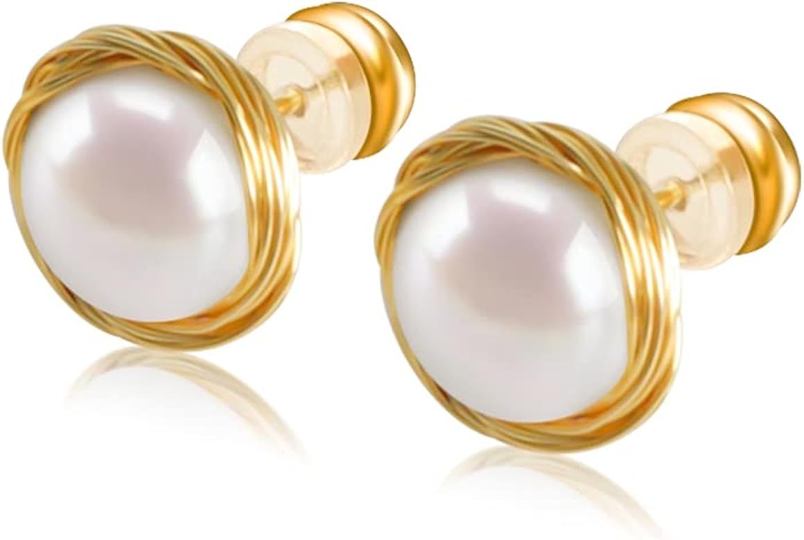 18K Gold Plated Freshwater Cultured Pearl Stud Earrings | Real Pearl Earrings for Girl&Women- AKO... | Amazon (US)