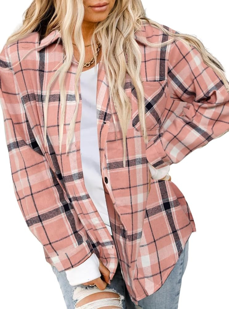 Asiertiy Womens Buffalo Plaid Flannel Shirt Long Sleeve Collar Button Down Blouses Lightweight Tops  | Amazon (US)