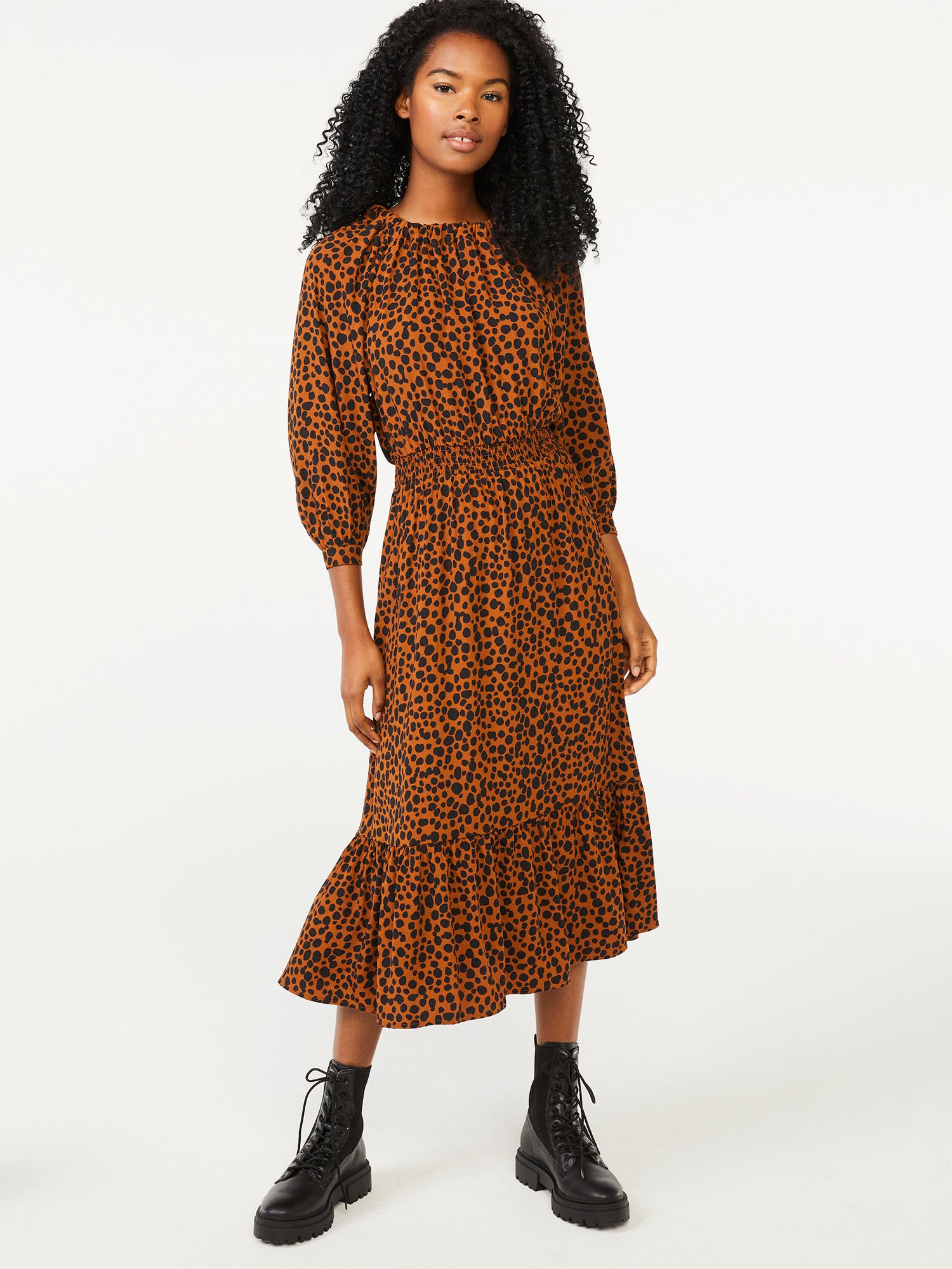 Scoop Women's Long Sleeve Blouson Midi Dress W/Back Bow | Walmart (US)