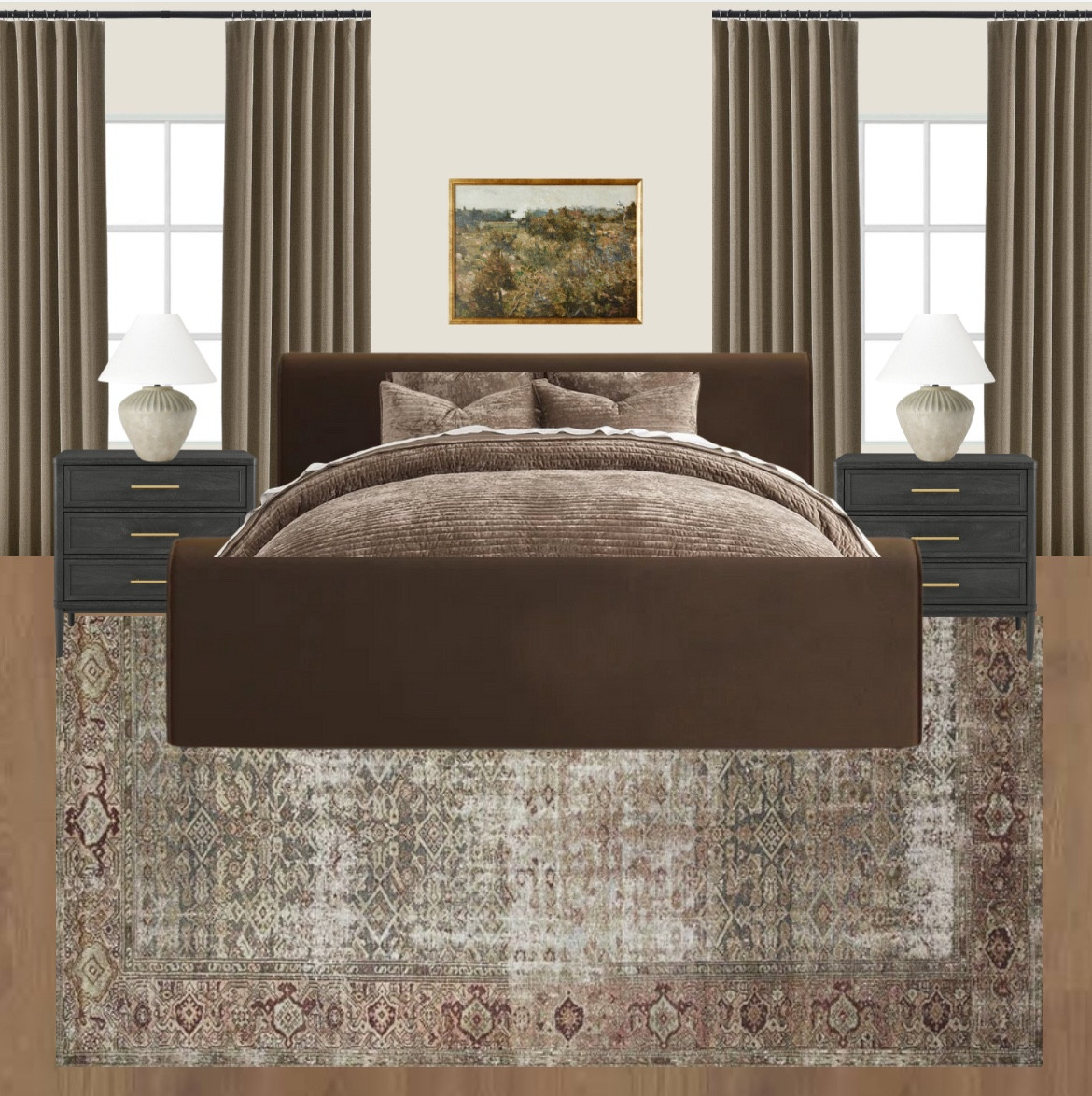 Cozy bedroom vision board — velvet upholstered bed (on sale) , affordable designer-look nightstands , pinch pleated curtains 

#LTKHome