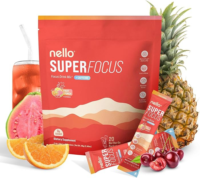 Nello Superfocus Fruit Punch with Caffeine– Nootropic Focus Drink Mix, 20 On-The-Go Packets, Al... | Amazon (US)