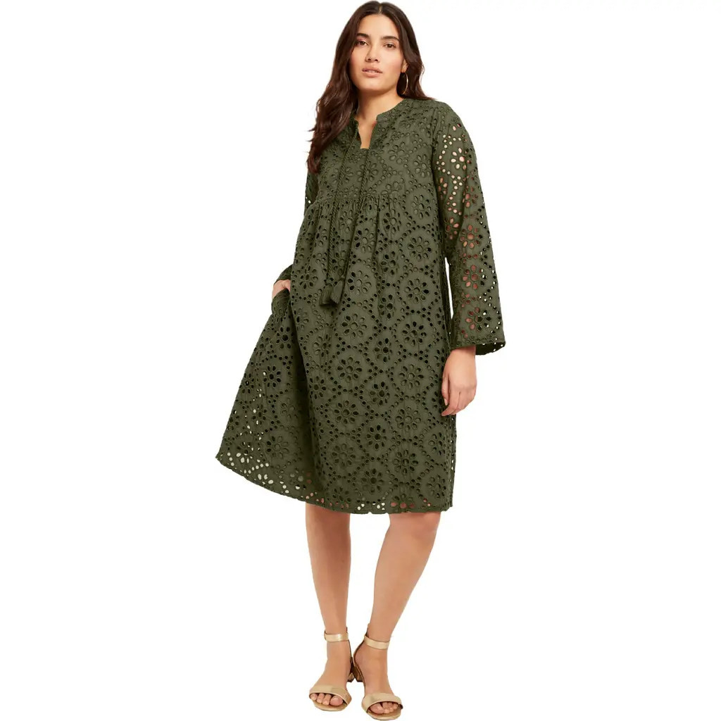 June + Vie Eyelet Midi Shirtdress in Dark Olive Green at Nordstrom, Size 20 | Nordstrom