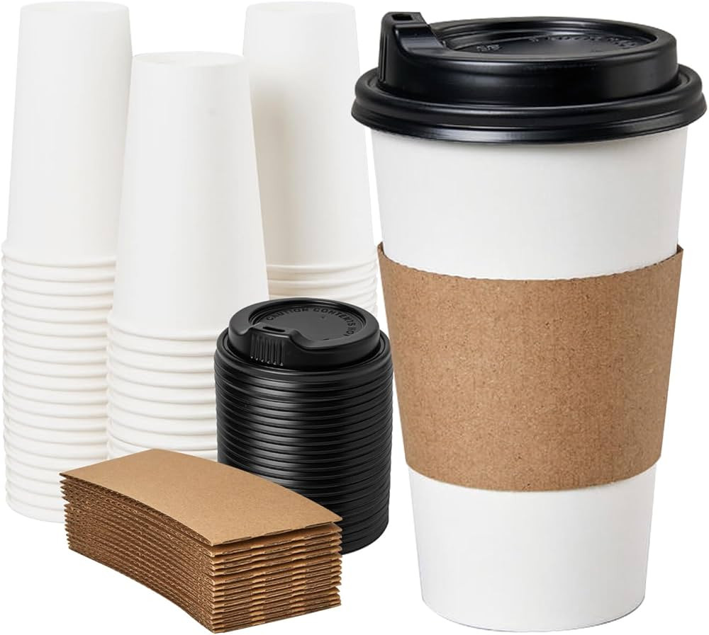 YEEHAW 16 oz 50 Pack Disposable Coffee Cups with Lids and Sleeves, To Go Coffee Cups, Hot Paper C... | Amazon (US)