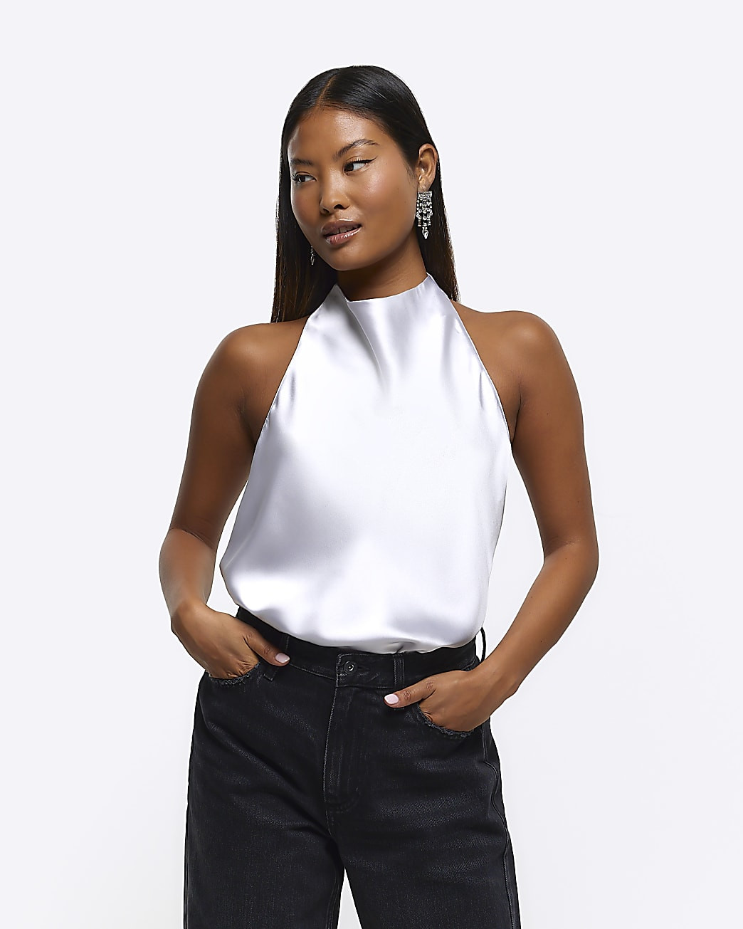 Petite silver satin halter neck top | River Island (UK & IE)